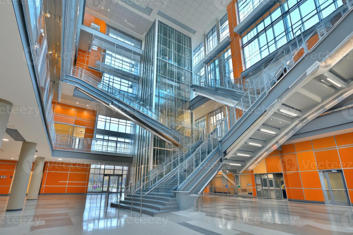 Modern, spacious interior of a building, featuring multiple levels, stairs, and elevators photo