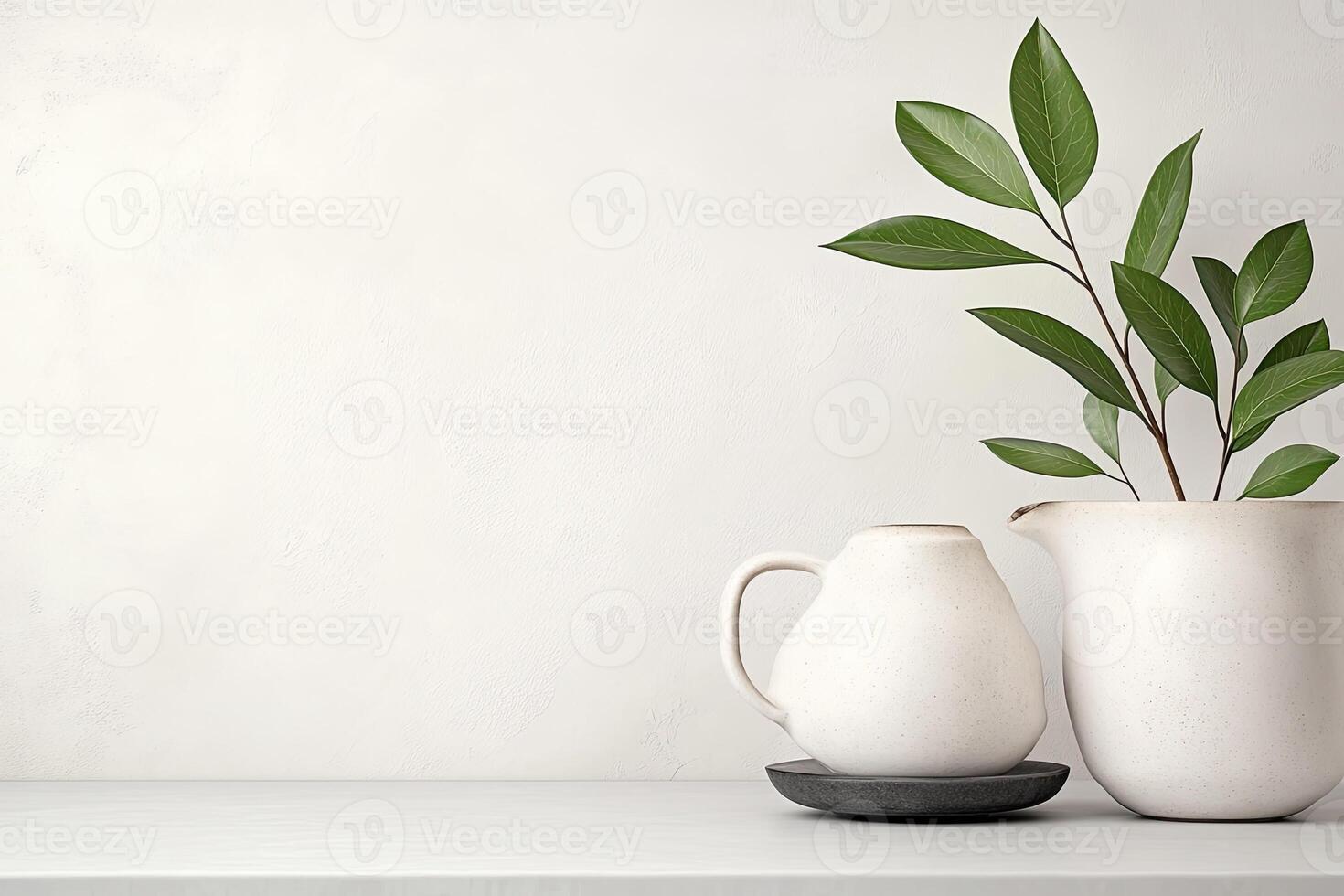 Simple, minimalist, ceramic pitcher and mug. Fresh green leaves photo