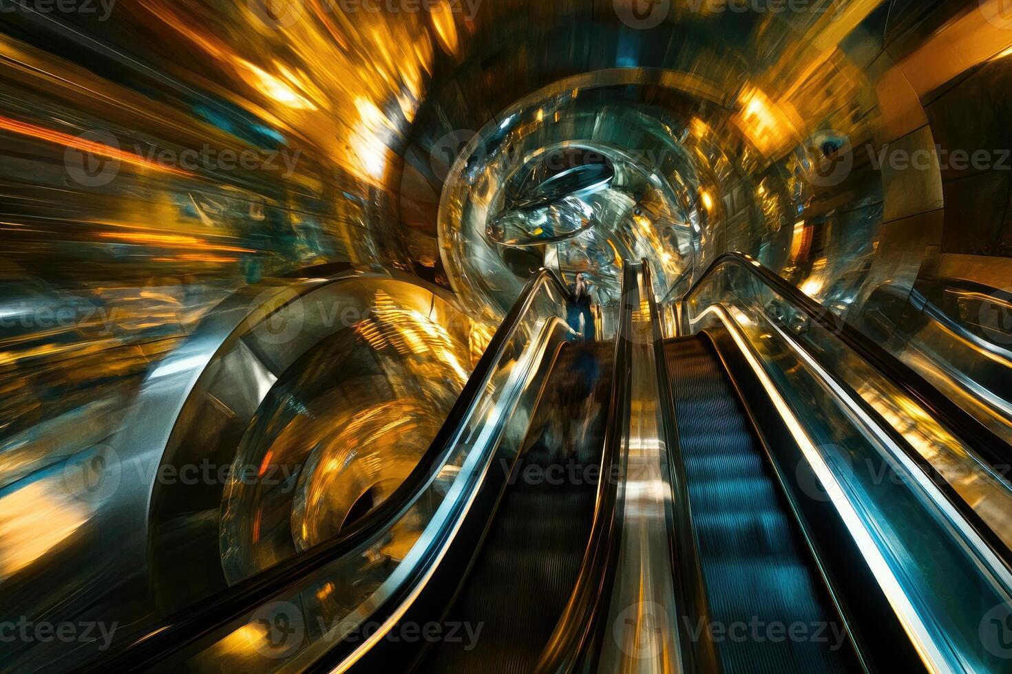 Abstract perspective of modern escalators within a futuristic, dynamic interior space photo
