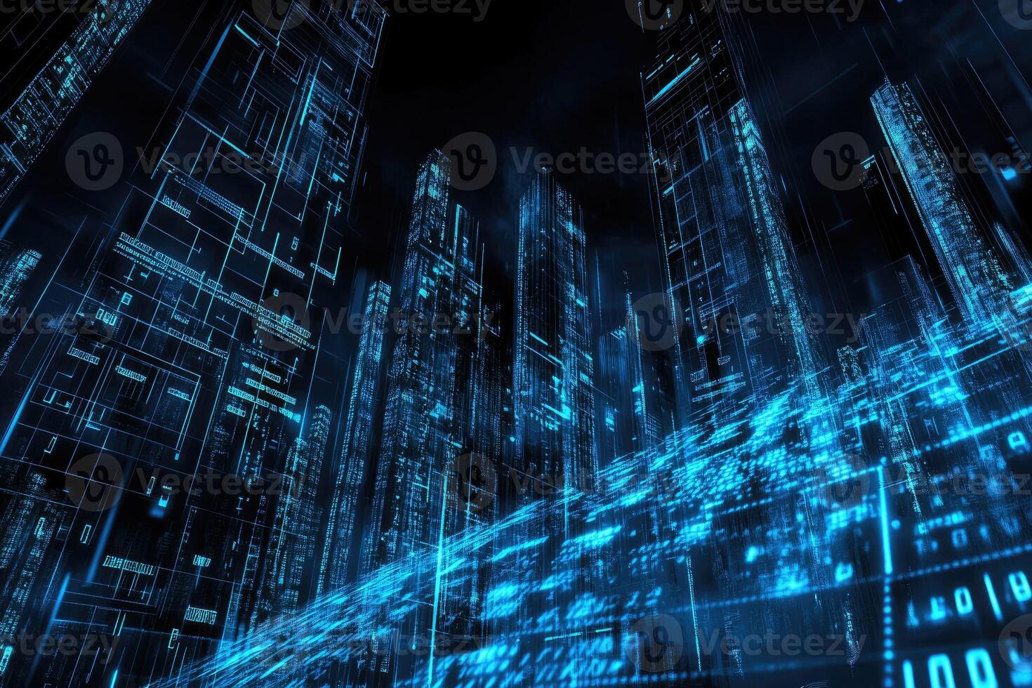 Futuristic cityscape, illuminated by digital networks photo