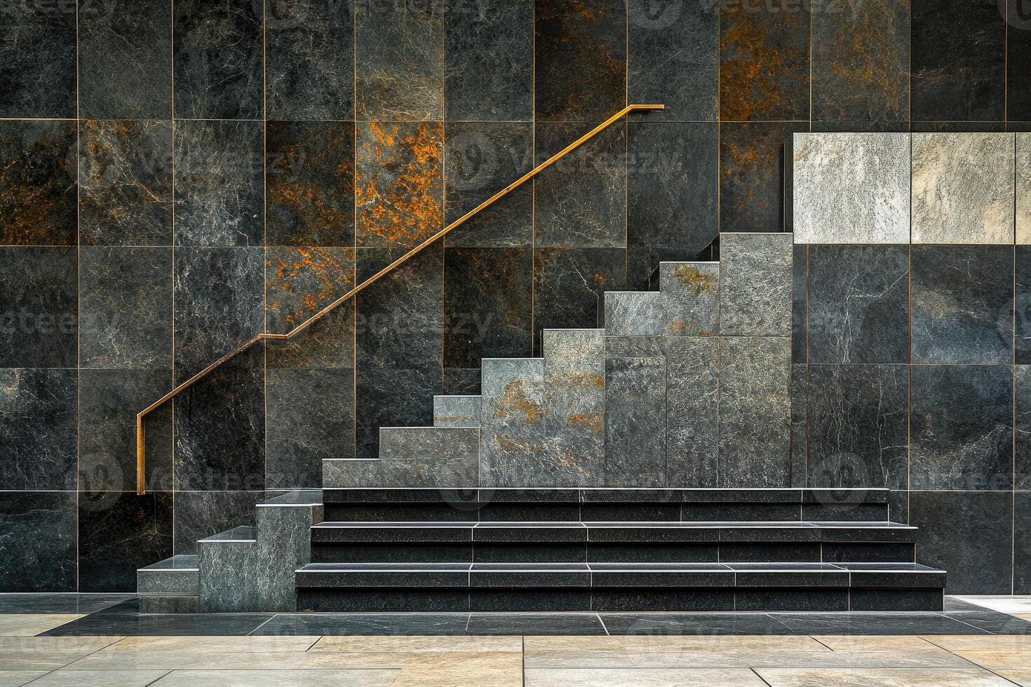 Modern stairway with a metallic railing against a textured stone wall photo