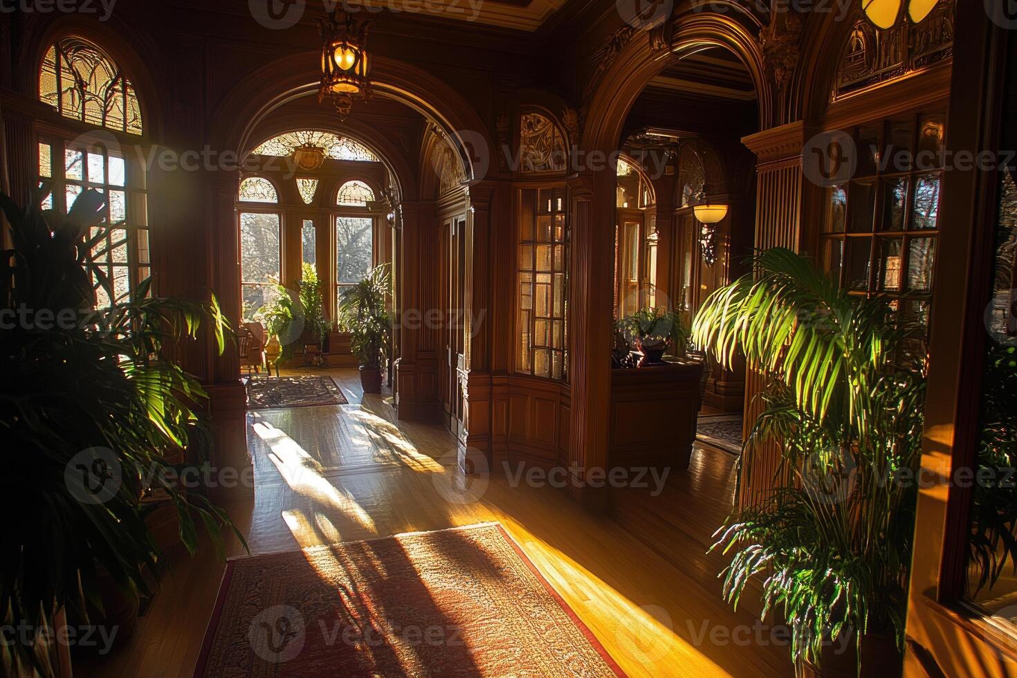 Sunlit hallway in a grand old house photo