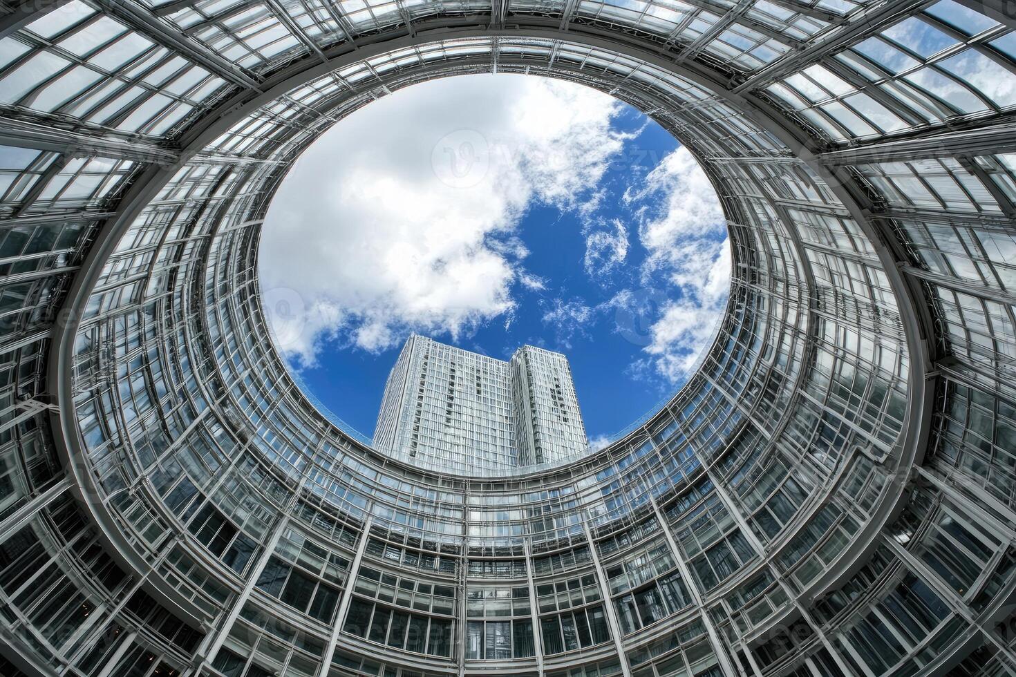 Circular architectural design, looking up to a clear blue sky with clouds and buildings photo