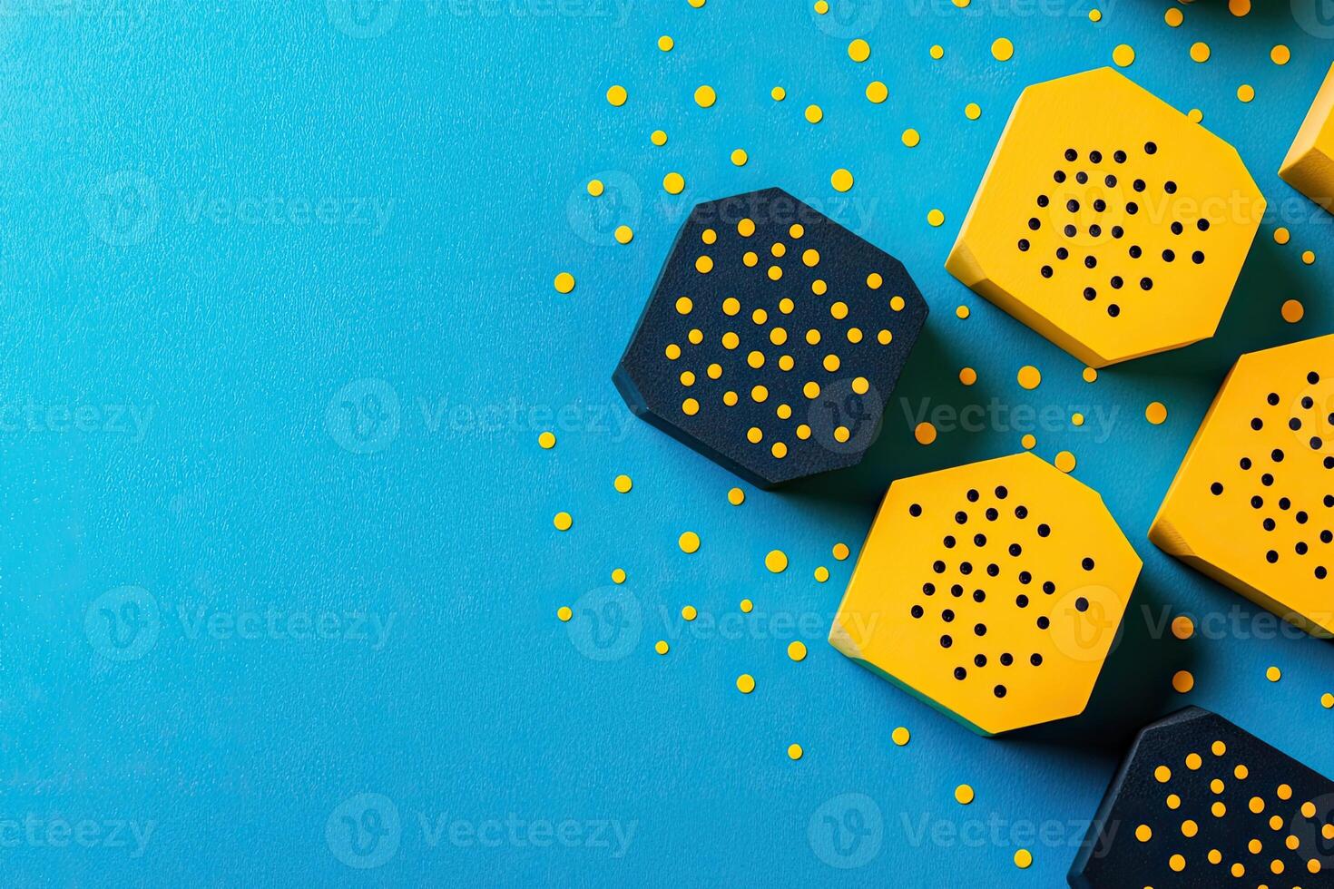 Geometric, colorful hexagonal shapes scattered on a vibrant blue background photo