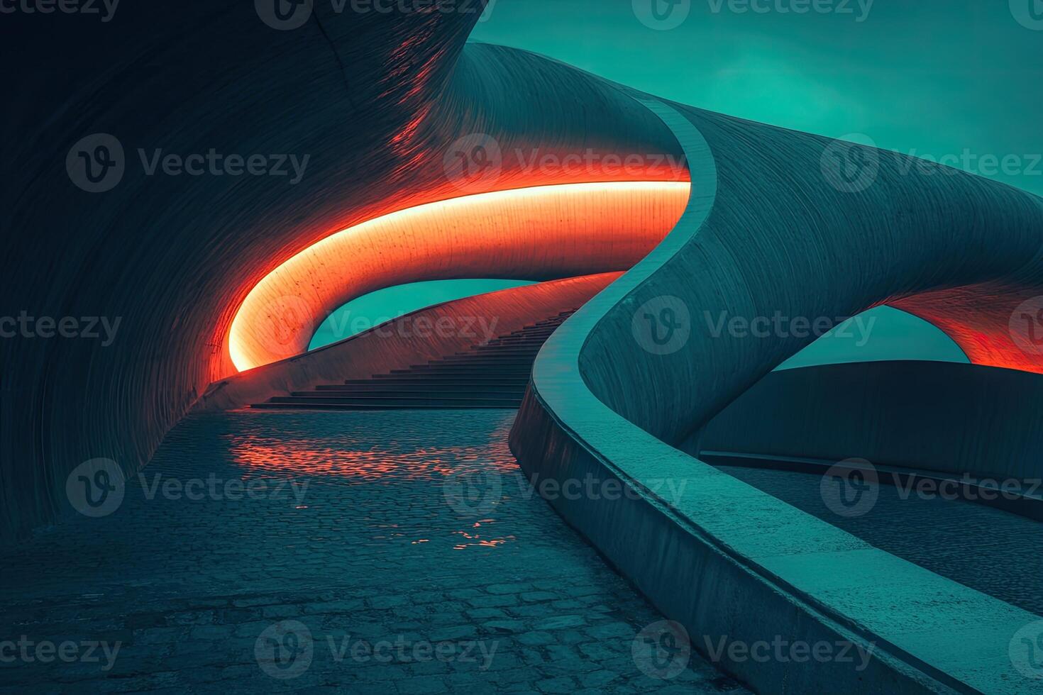Abstract architectural passageway lit by warm orange light photo