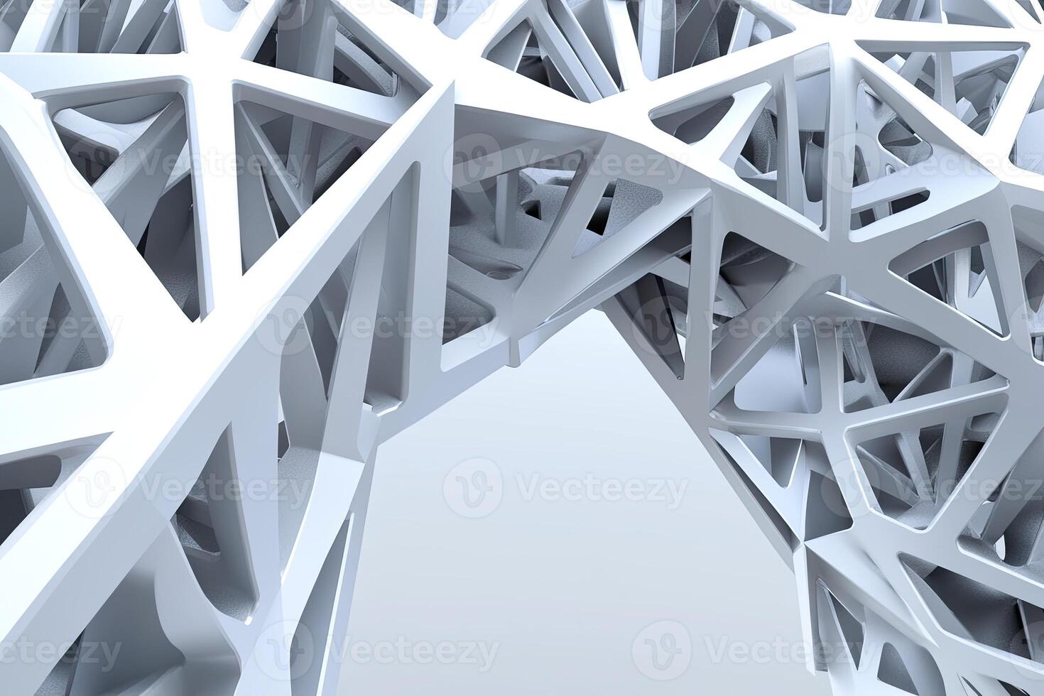 Abstract architectural structure. Intricate network of white triangular and linear elements forming a complex, organic shape. A sense of depth and perspective is created through the layered design photo