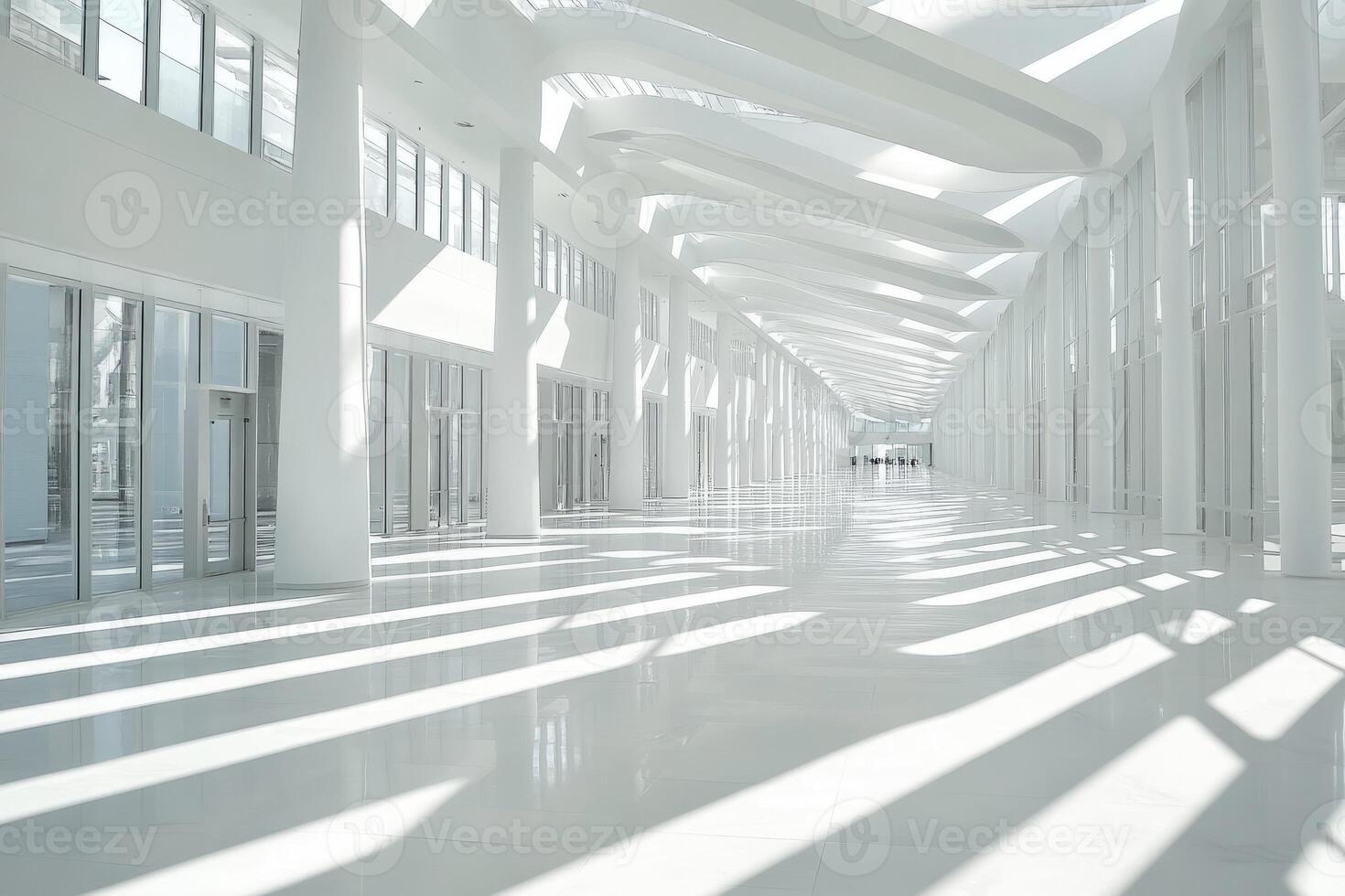 Modern, minimalist hallway with sunlit white architecture photo