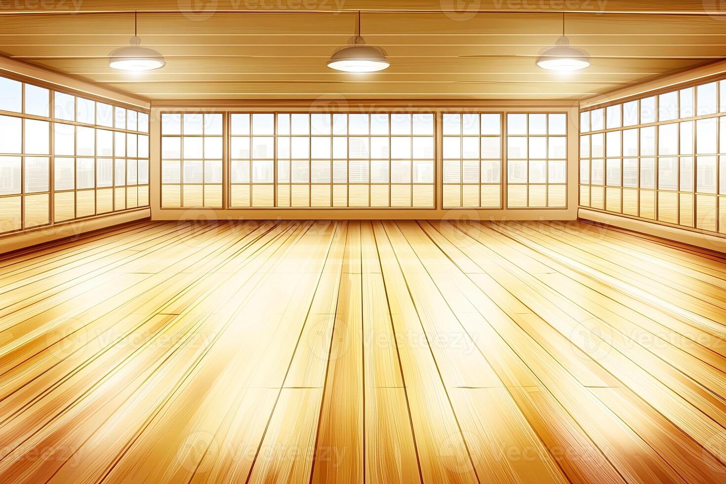 Empty, sunlit room with wooden floors and large windows photo
