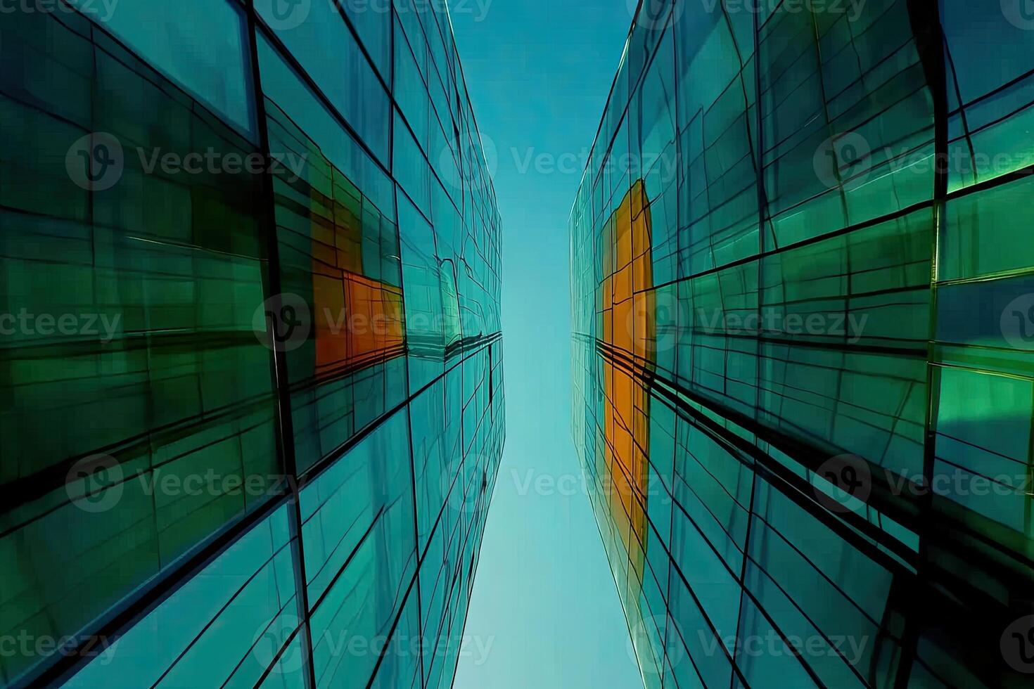 Two modern glass towers against a vibrant sky photo