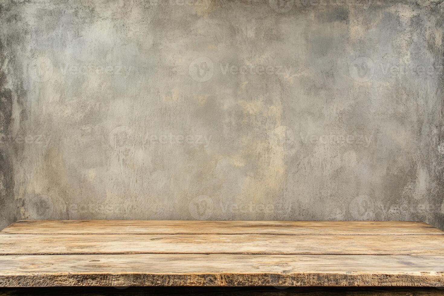 Rustic wooden table against a textured concrete wall photo