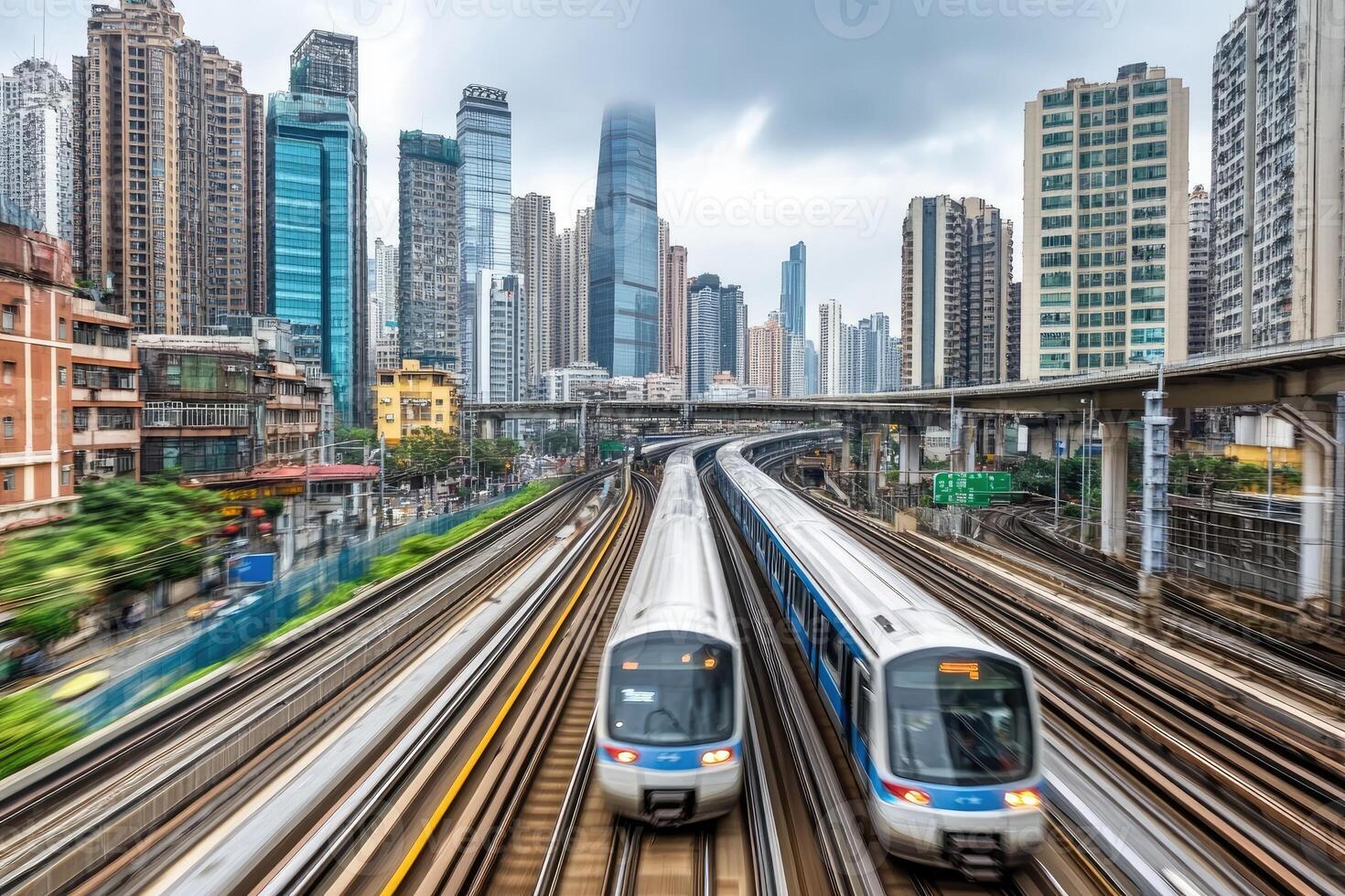 Urban transit in a bustling city. Two modern trains on elevated tracks weave through towering skyscrapers. Blurred motion highlights urban dynamism photo