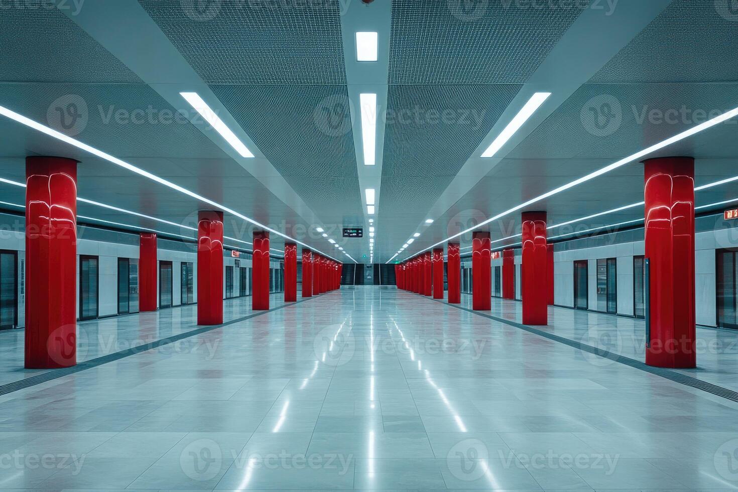 Modern, empty underground station with red pillars photo