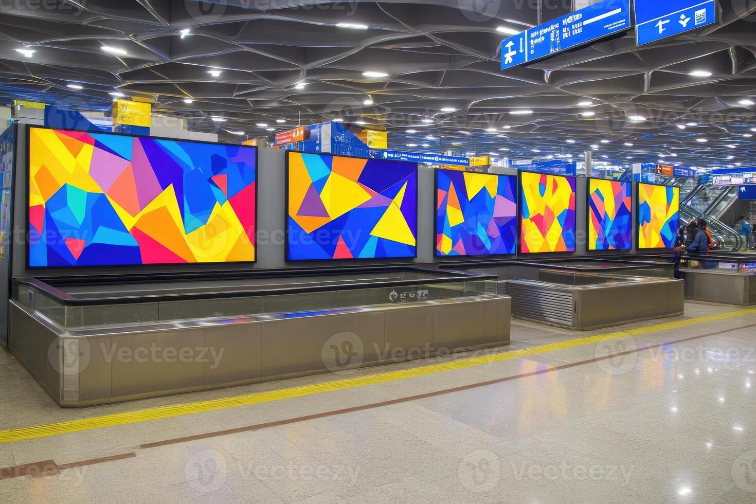 Colorful digital art displays in a modern train station. Large screens with vibrant geometric patterns photo