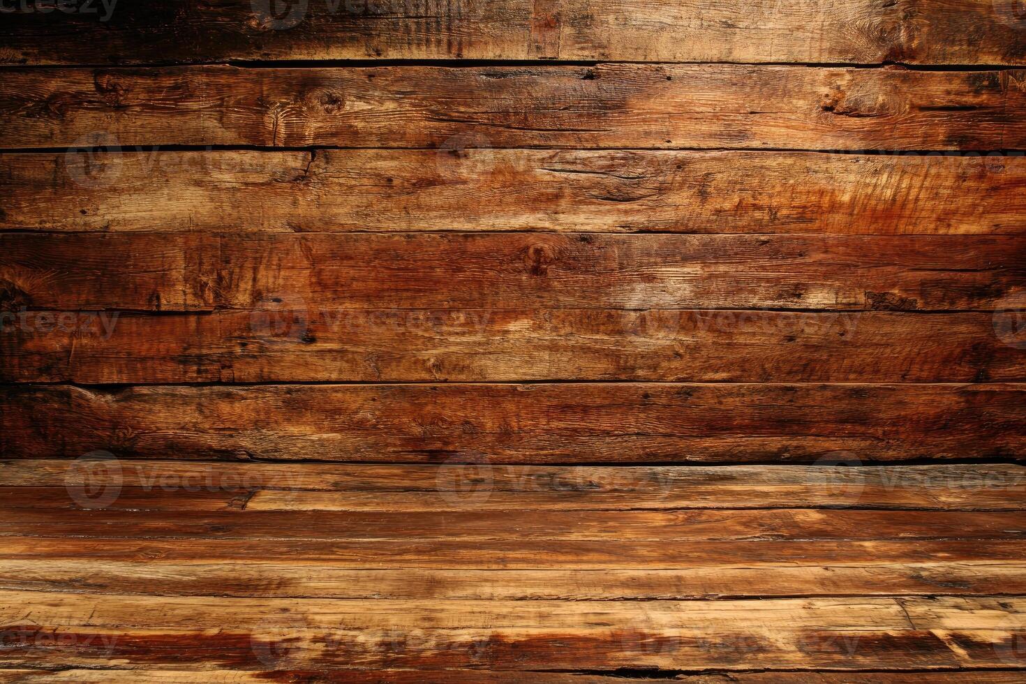 Rustic wooden wall and floor. A vintage-style, brown wooden plank wall and floor. Horizontal planks. Natural wood grain. Aged and weathered wood photo