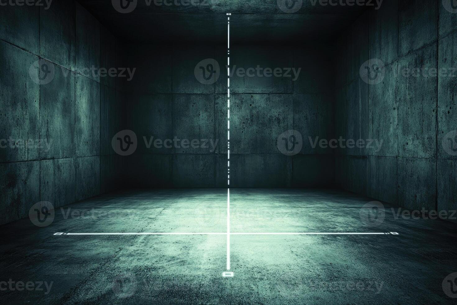 Empty, dark, concrete room with luminous lines photo