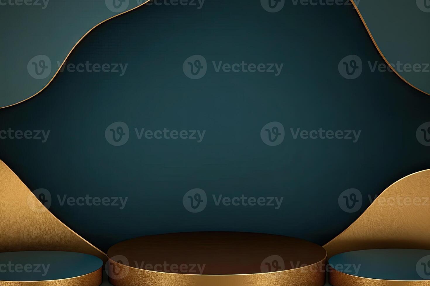 Elegant dark backdrop with gold accents and round podiums photo