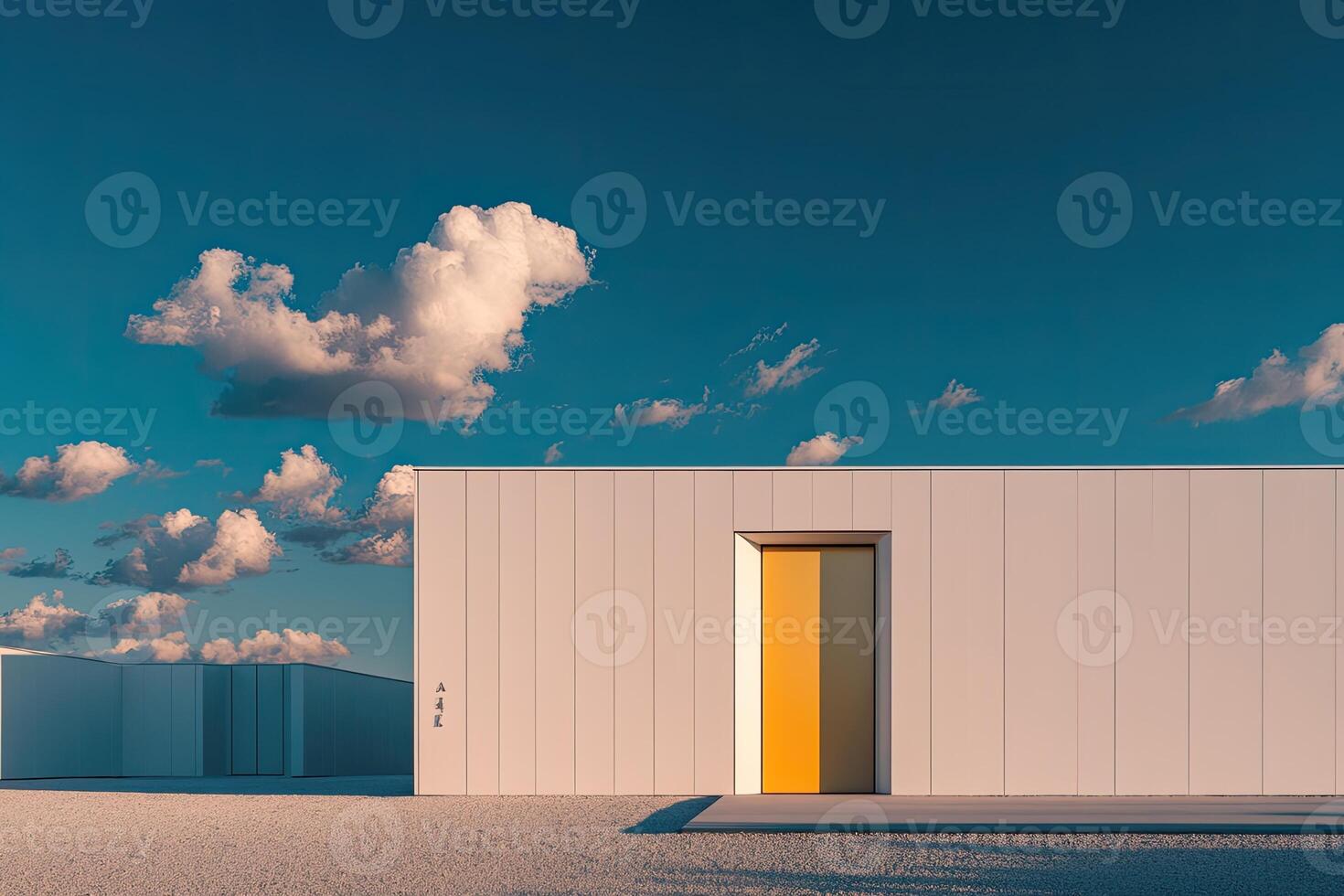 Minimalist modern building with a striking yellow door against a clear blue sky photo