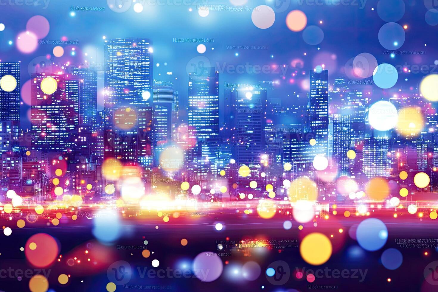 Vibrant city skyline at night, illuminated with colorful bokeh lights photo
