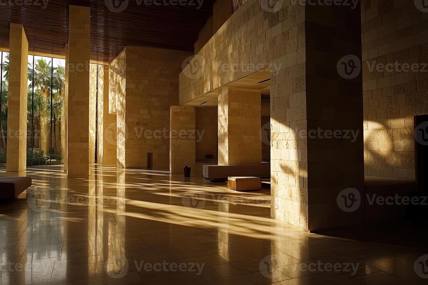 Sunlight streams through a modern lobby photo