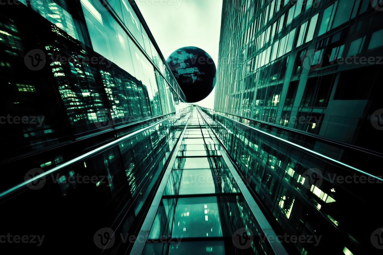 Urban cityscape perspective with hovering Earth photo