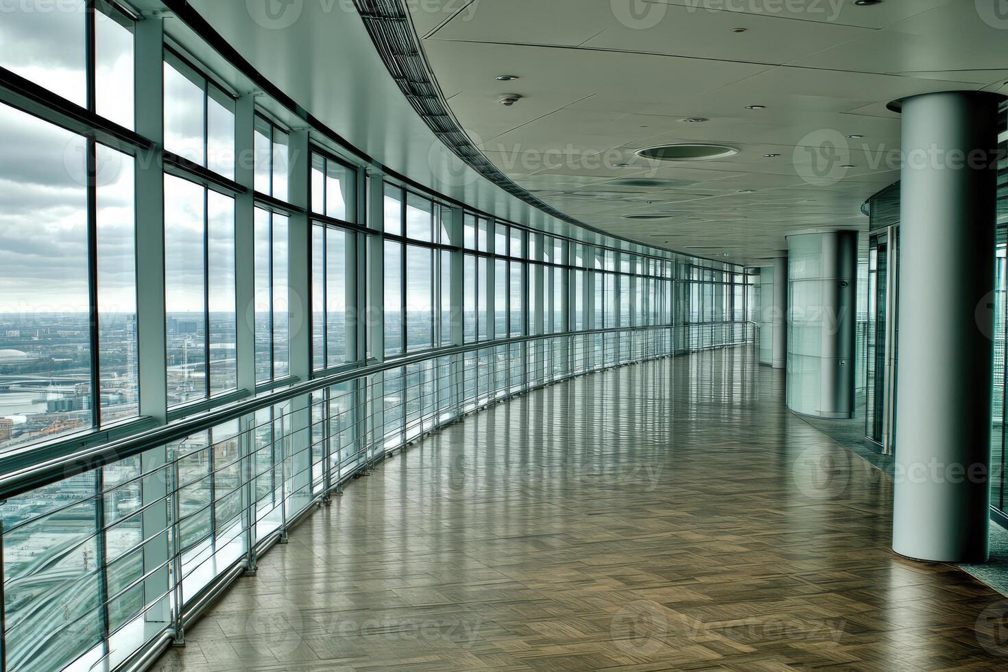 Empty modern office corridor with panoramic city views photo