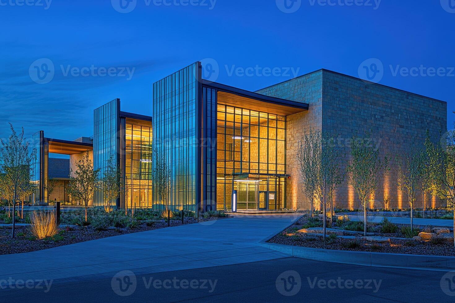 Modern, glass-fronted building at dusk photo