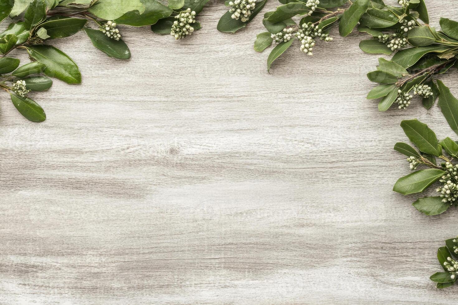 Fresh greenery borders a light gray wood surface photo