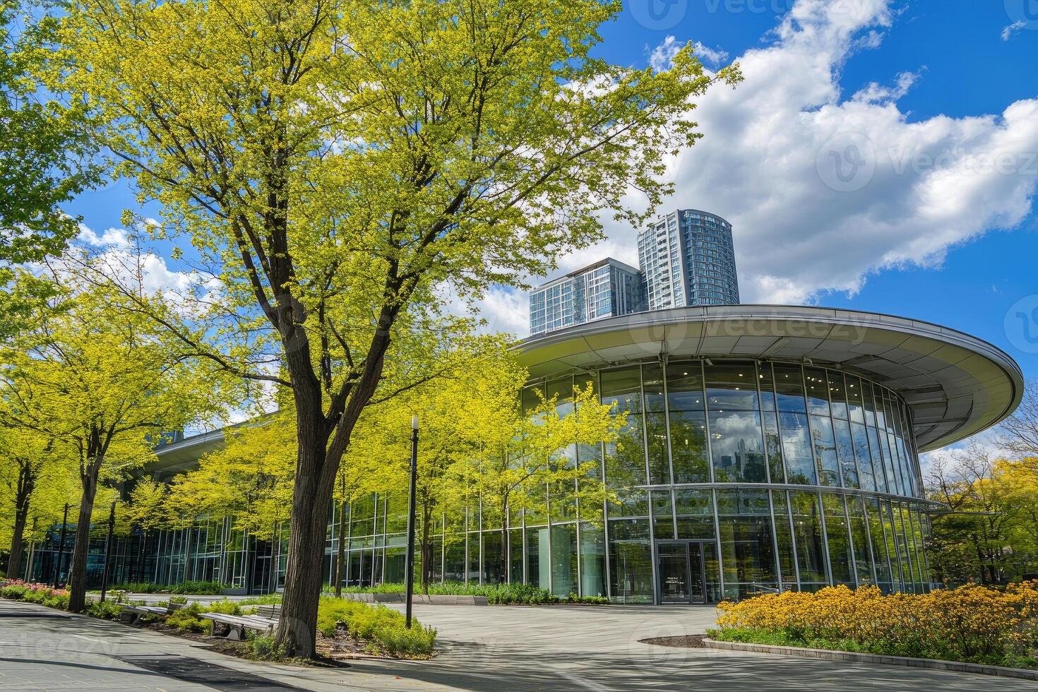 Modern building surrounded by lush greenery, under a partly cloudy sky photo