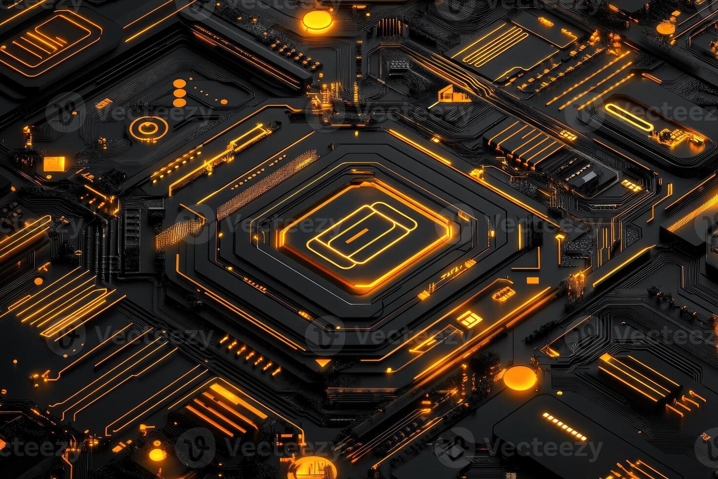 Intricate circuit board with glowing core photo