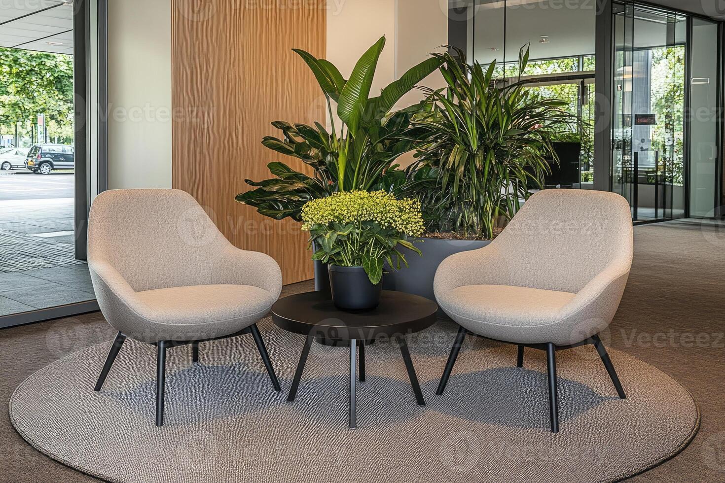 Modern waiting area with comfortable seating and plants photo