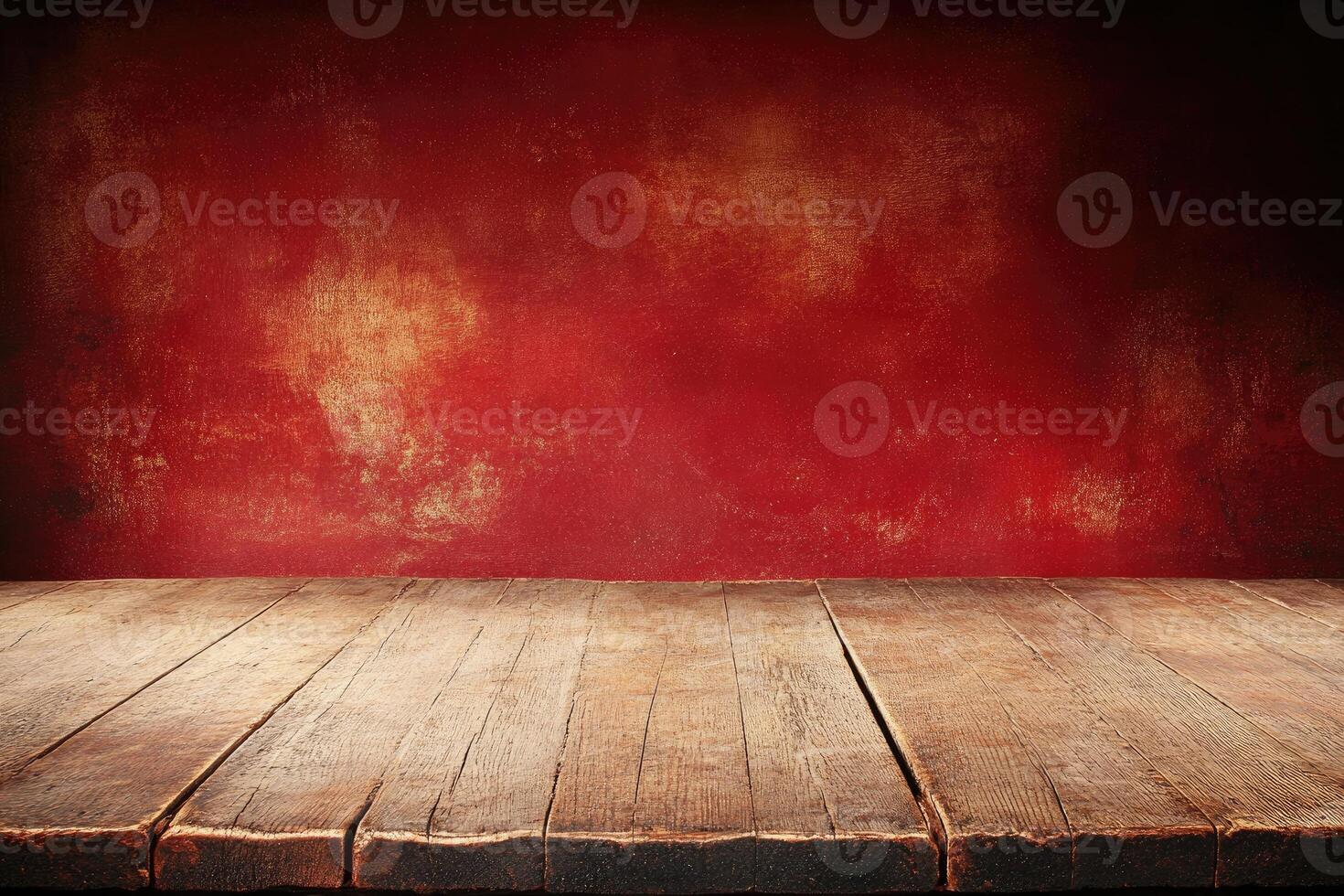 Rustic wooden tabletop against a deep red textured wall photo
