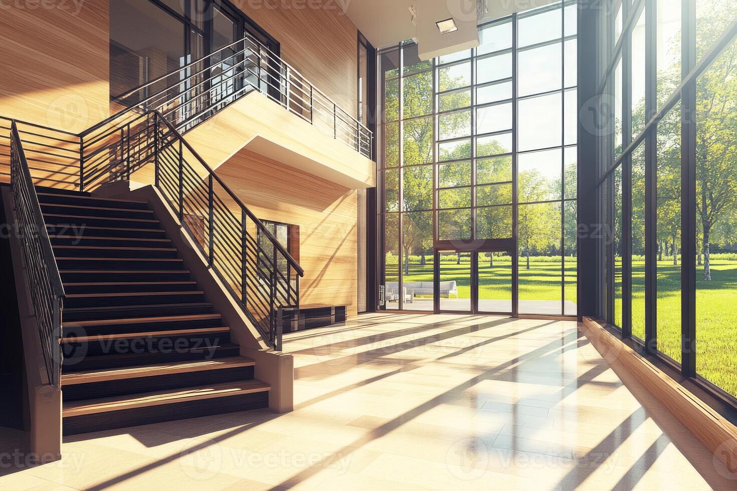 Modern, bright interior hallway with large windows overlooking a park photo