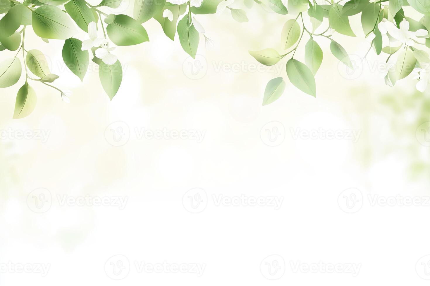 Delicate spring foliage. Soft, light green leaves and branches on a pale yellow and white background photo