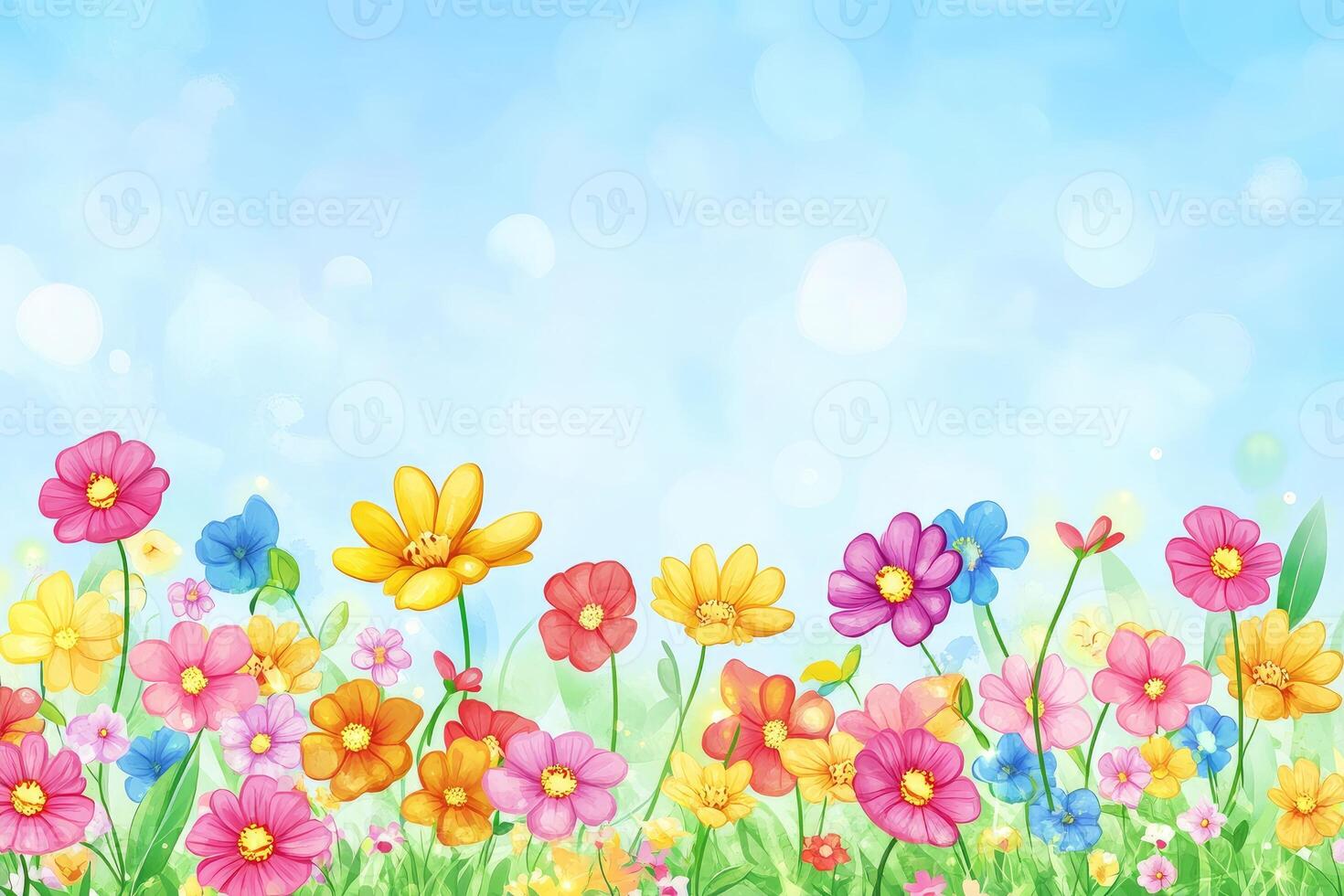 Colorful flowers in a field against a soft sky photo