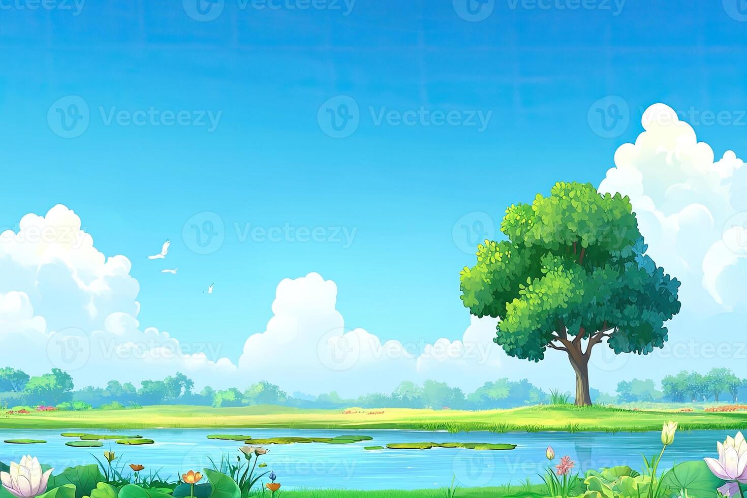 Serene landscape of a placid lake under a vibrant blue sky. Lush greenery surrounds a tranquil body of water dotted with colorful flowers and a solitary tree photo