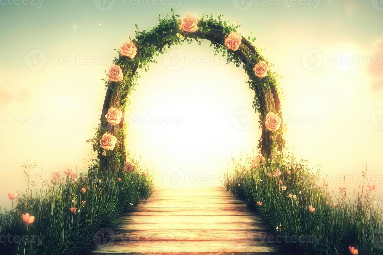 Floral archway leading to a sunlit path photo