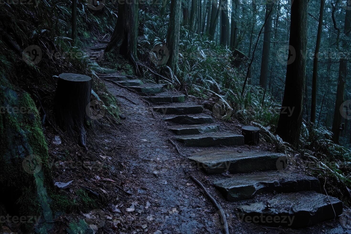 Stone steps leading up to a forest photo