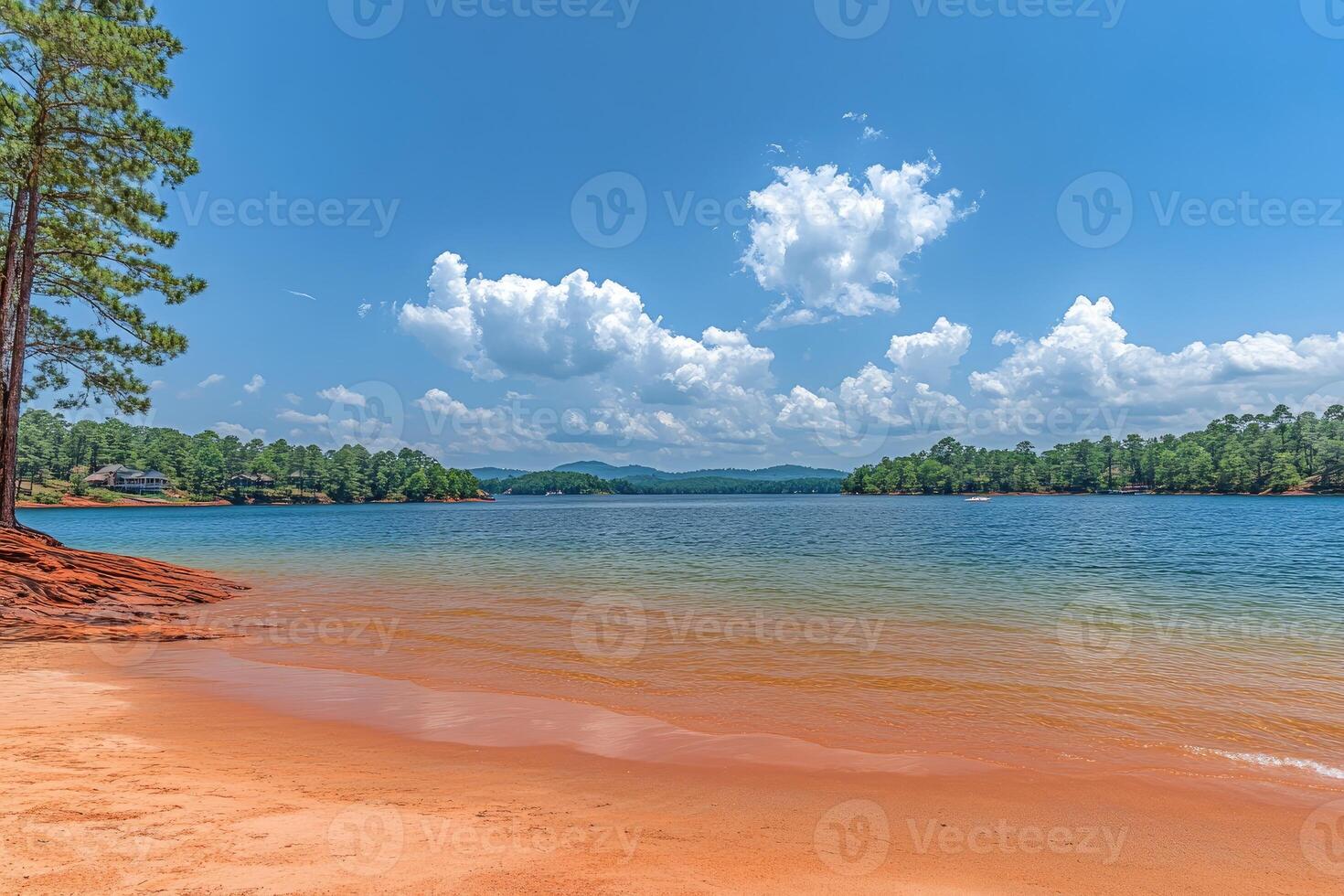 Tranquil lakefront scenery photo