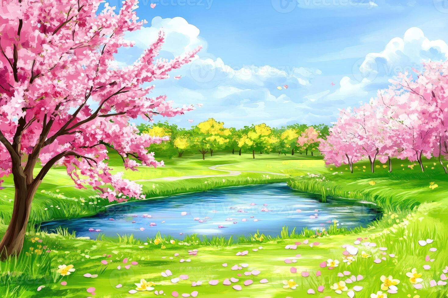 Springtime park with a pond and blossoming trees photo