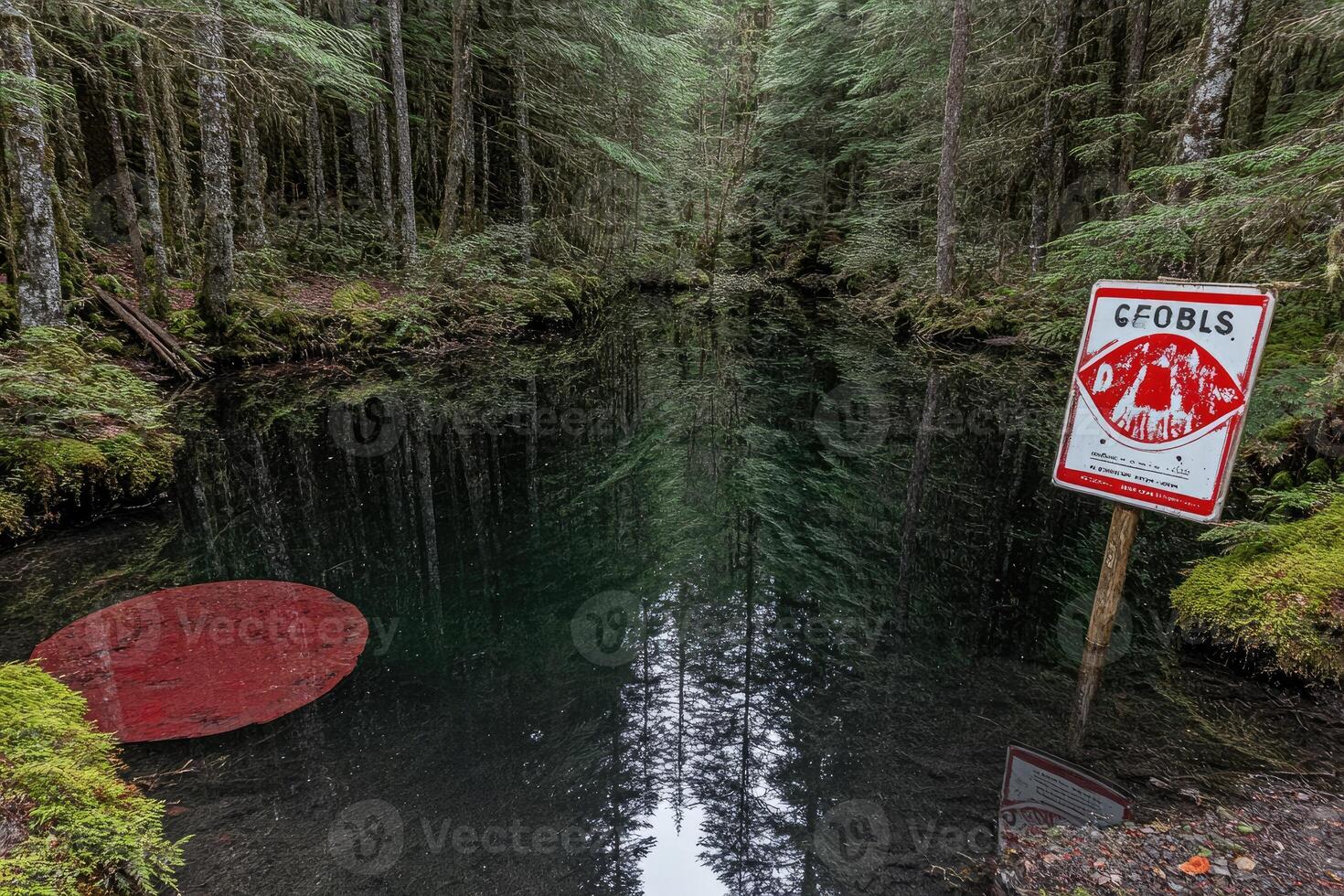 Forest pool with warning sign photo