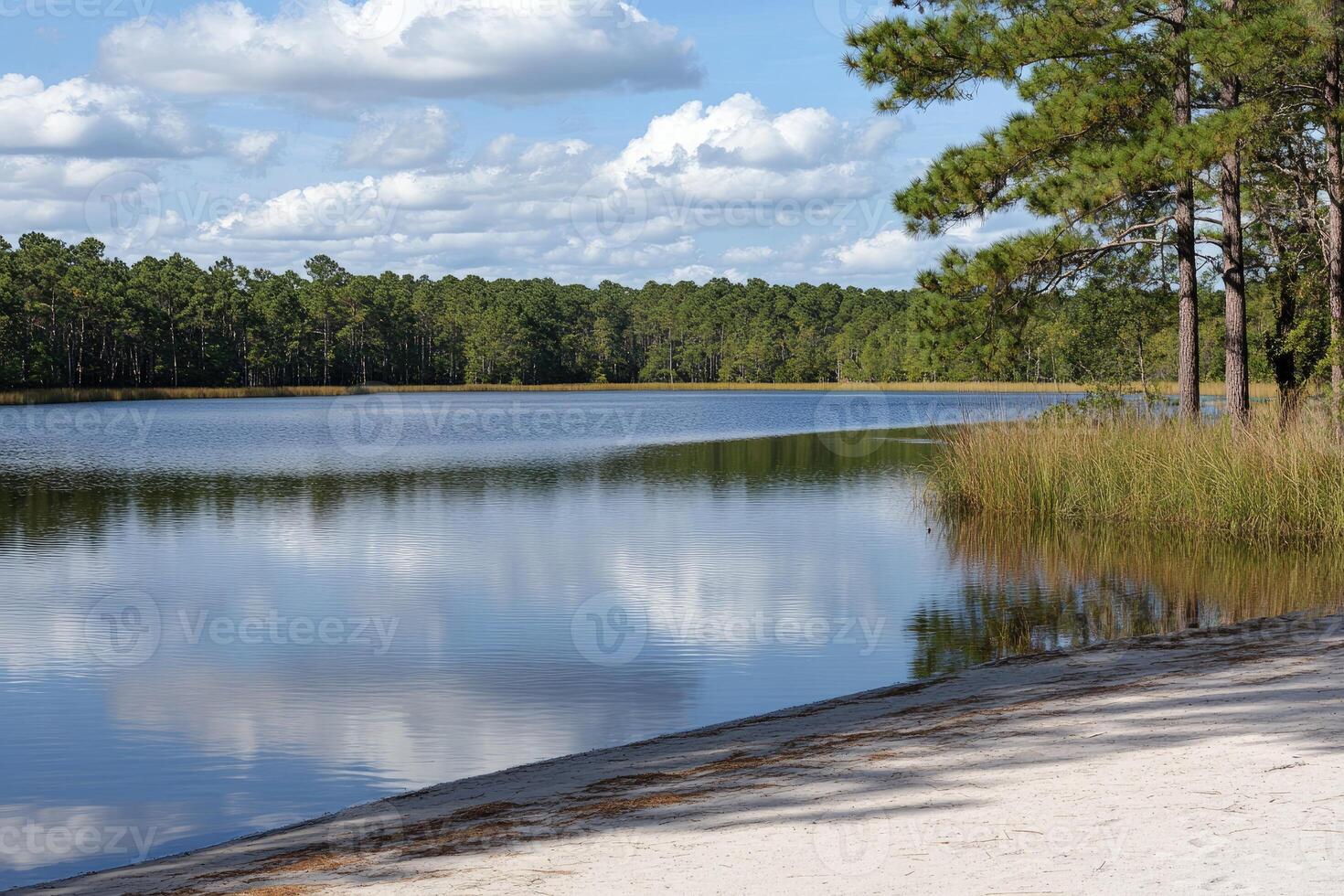 Serene lake scene with tranquil reflections photo
