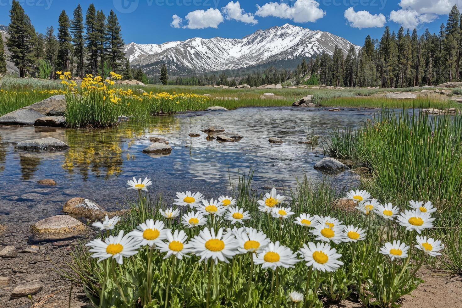 Mountain meadow with wildflowers and stream photo