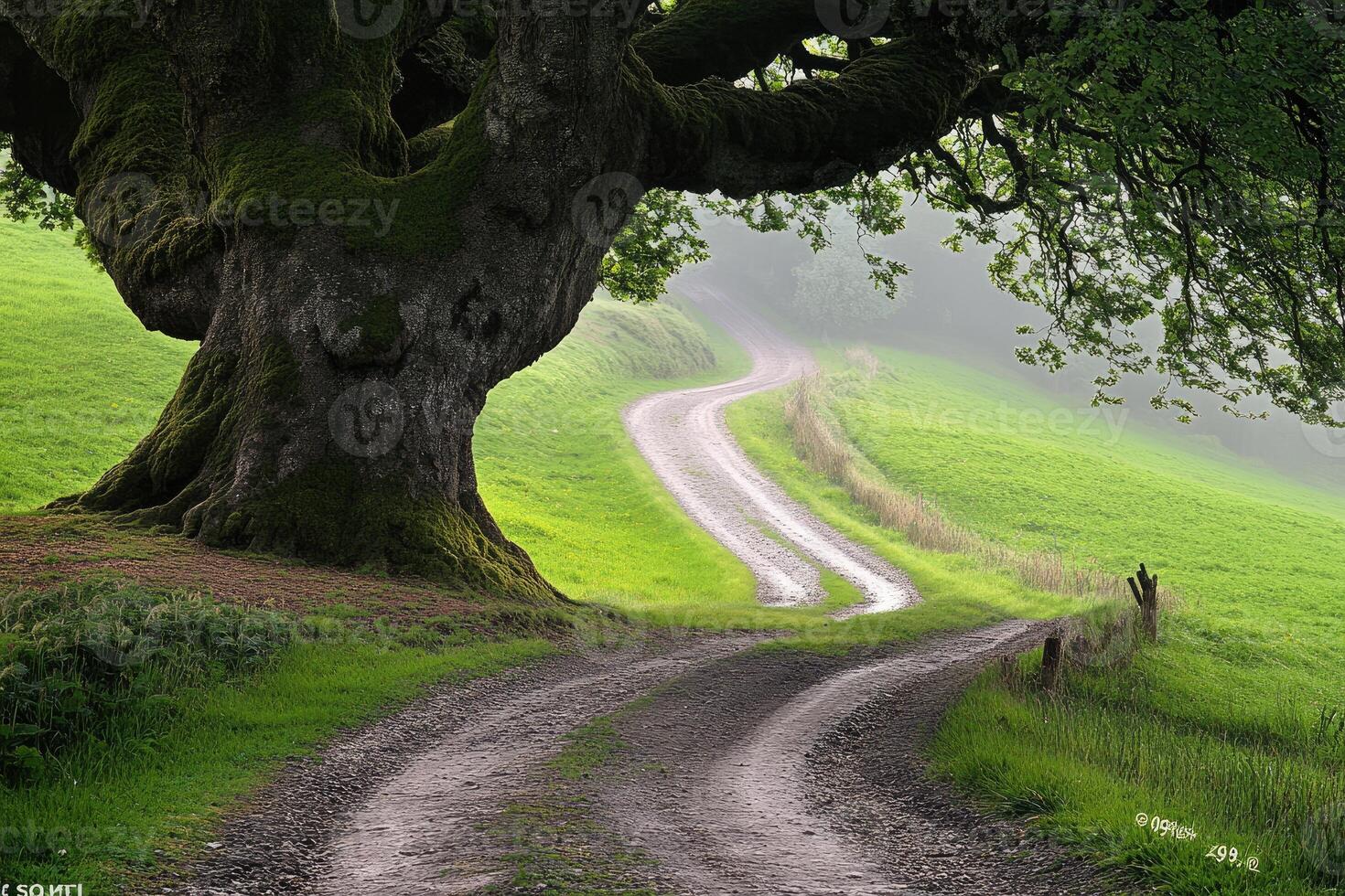 Misty rural lane winds through lush green landscape, beneath a large ancient tree photo