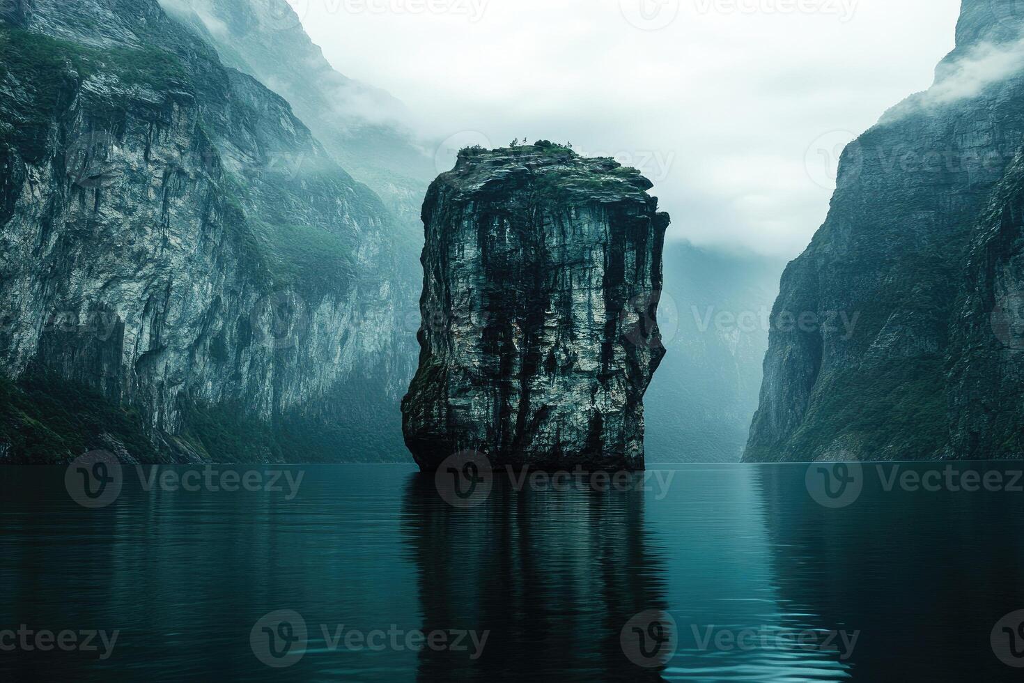 Solitary rock in a fjord. Misty mountains and a calm lake photo
