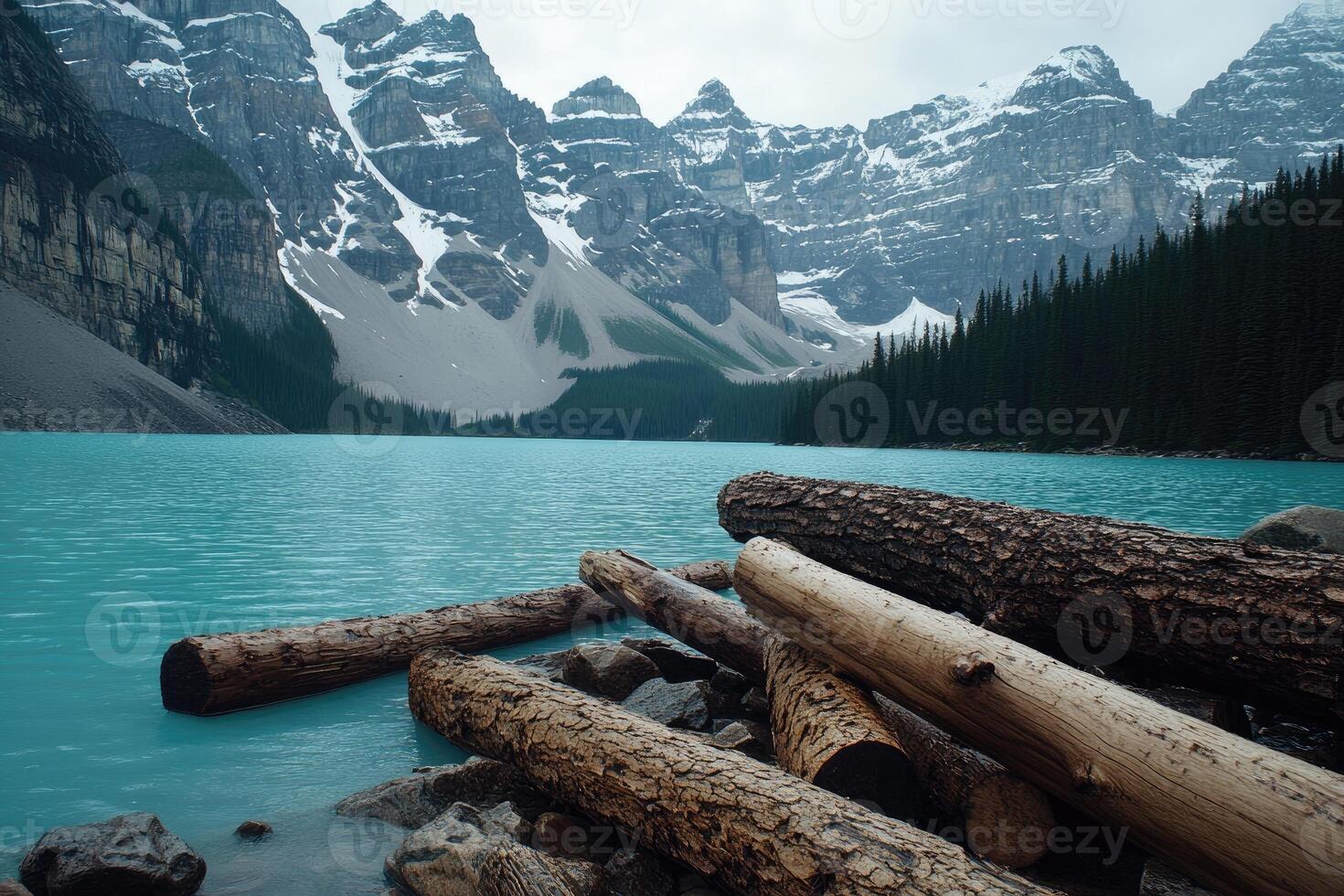 Mountain lake with logs photo