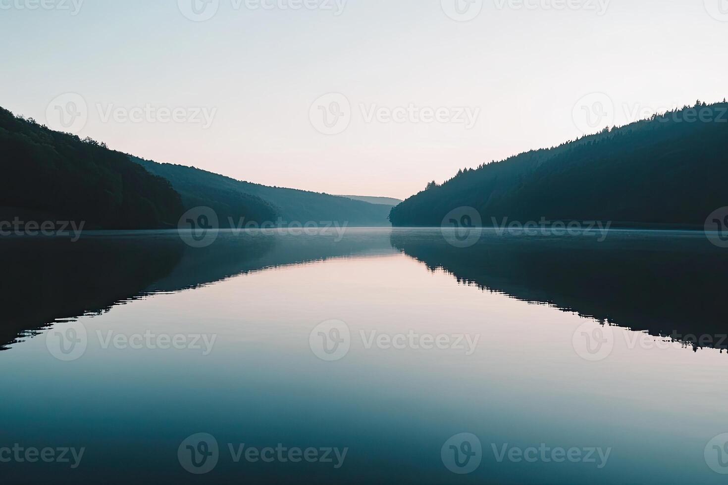 Serene lake at dawn, mirrored landscape photo