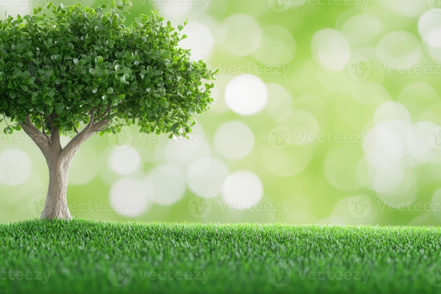 Lush green tree on a grassy field, soft bokeh background photo