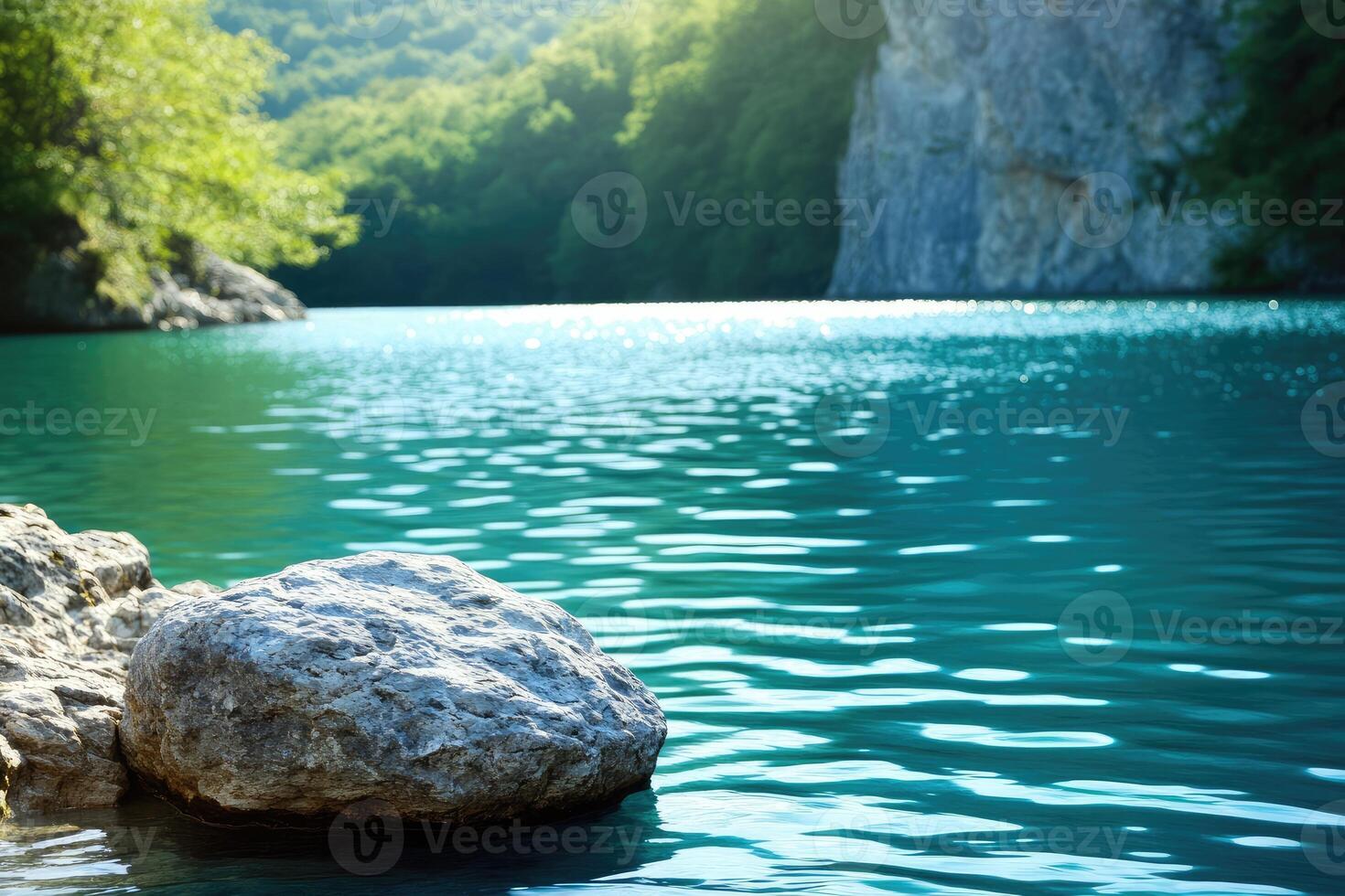 A rock sits in the middle of a lake photo