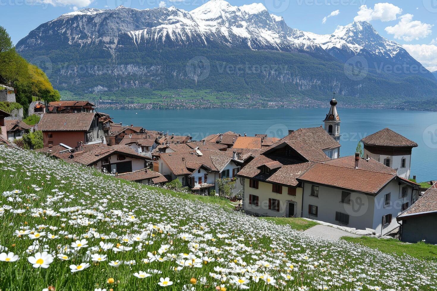 Alpine village nestled beside a lake, blanketed in wildflowers photo