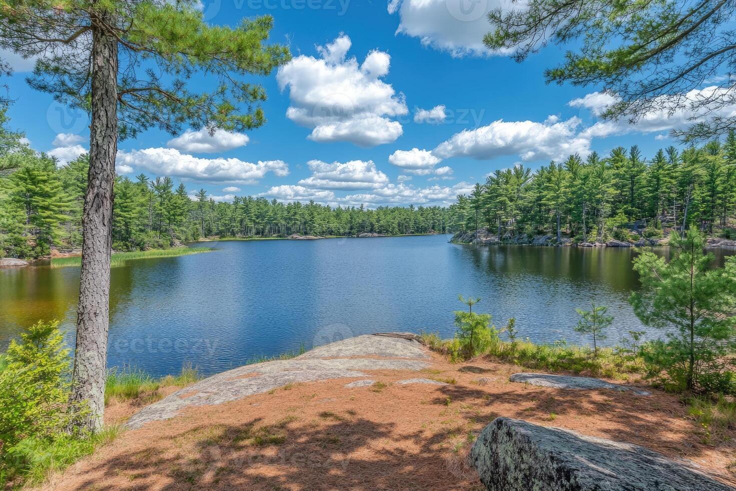 Tranquil lake vista framed by pine trees under a partly cloudy sky photo